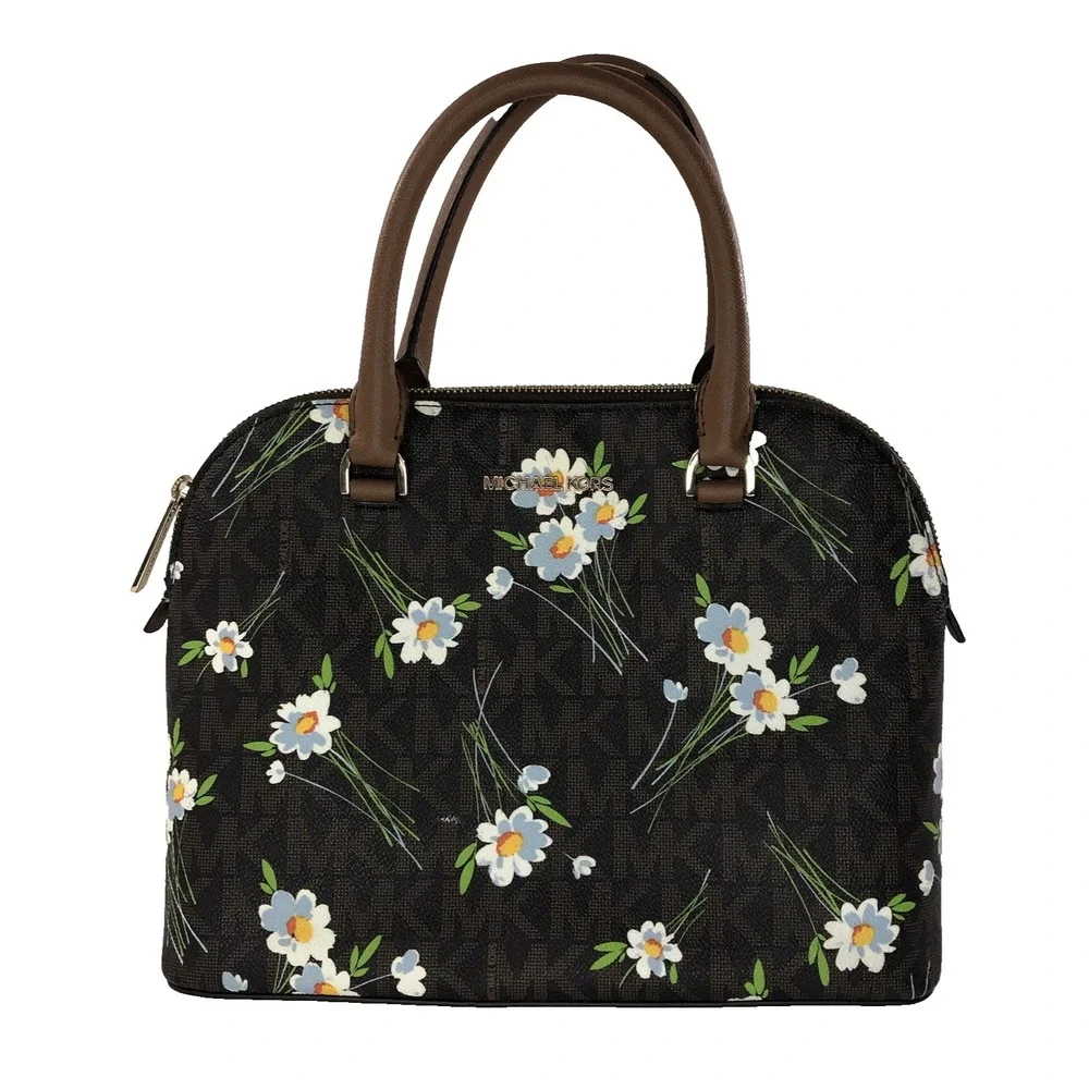 Michael Kors Cindy Dome Satchel‎ Brown White Blue Floral Handbag Purse MK Logo